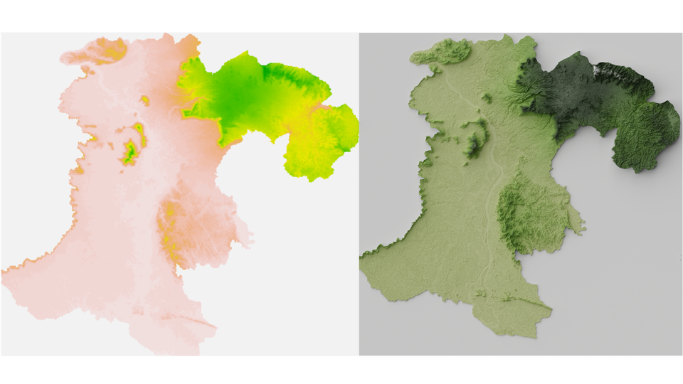 Raster map (left) and Rendered map via Blender (right)